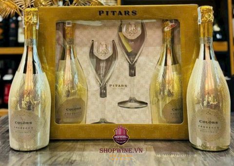  Hộp Rượu Vang 2 Chai + 2 Ly + Rượu vang nổ Colôrs Pitars Prosecco Etra Dry 