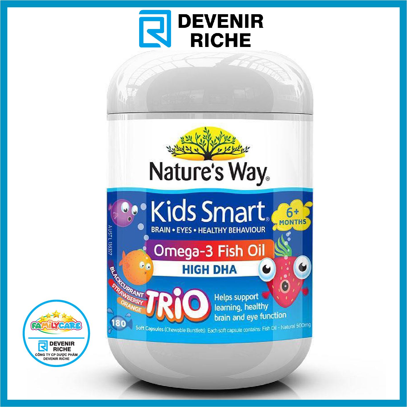 Kẹo dẻo DHA cho bé Nature's Way Kids Smart Omega 3 Trio High DHA (60 v