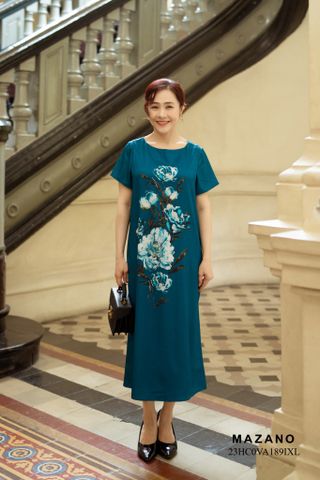  Đầm lụa vân gỗ mẫu đơn xanh 