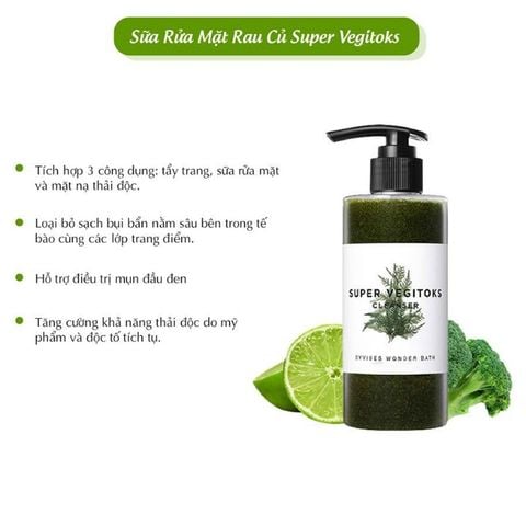 Sữa rửa mặt thải độc rau củ Super Vegitoks Cleanser (Xanh Lá) 300ml + Nạ SEXY LOOK