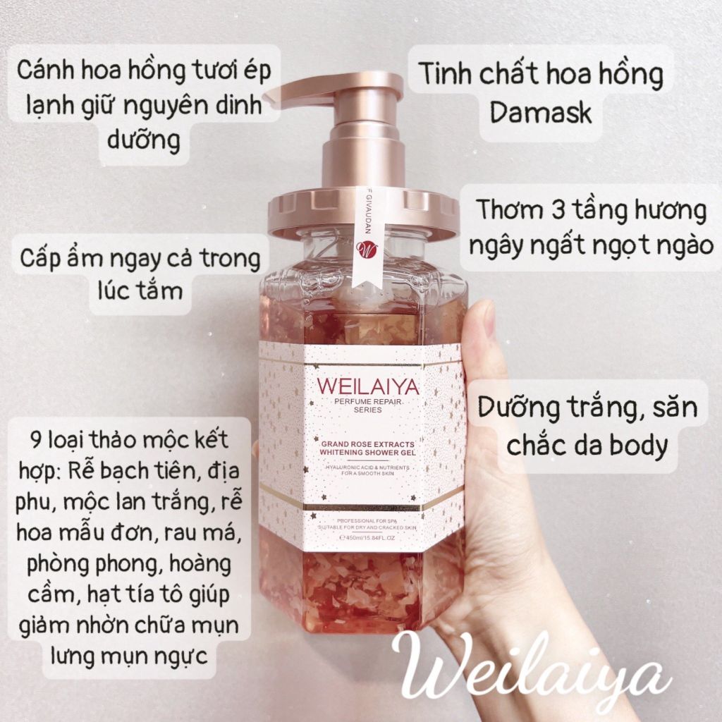 Sữa Tắm Trắng Da Weilaiya DaMask Grand Rose Extracts Whitening Shower Gel Từ Tủy Mật Hoa Hồng 450ml