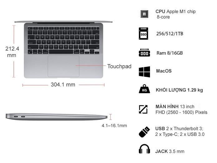 Laptop Apple Macbook Air MGN73SA/A M1 8Gb/512Gb (Xám)