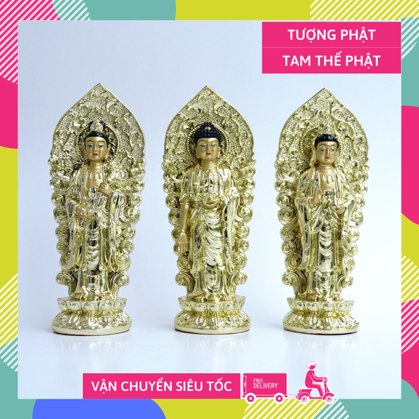 Bộ 3 Tượng Tam Thế Phật Tây Phương Tam Thánh đứng xi mạ vàng - Cao 18cm