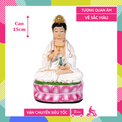 Tượng Quan Thế Âm Bồ Tát ngồi đài sen vẽ sắc màu - Cao 15cm