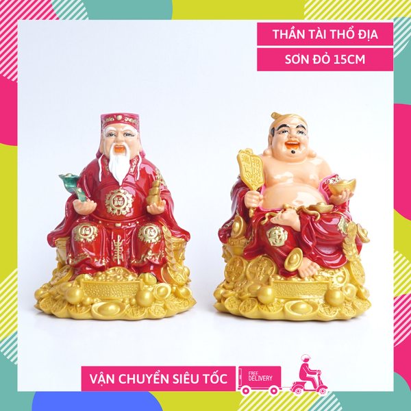 Tượng thờ Tài Địa Thần Tài Thổ Địa sơn đỏ đế vàng - Cao 15cm & 22cm