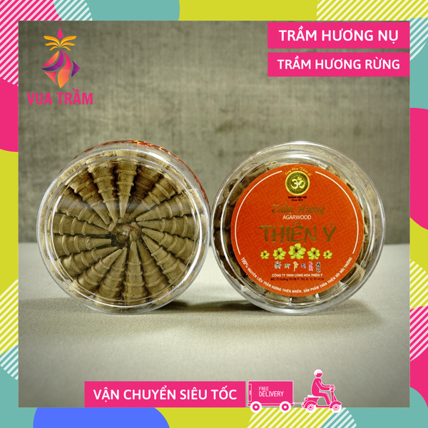 Nụ trầm hương Thiên Ý tháp tròn - 40 viên trầm hương xông trầm cao cấp - Hộp tròn đỏ - Cháy 20 phút/Viên