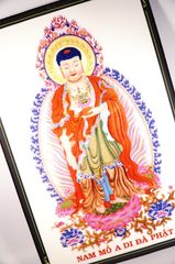 Tranh Phật A Di Đà đứng áo đỏ hào quang tím xanh nền hồng - 2 cỡ