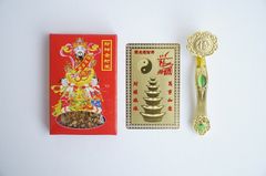 Bộ kim bài Thần Tài Phù vàng + Gạo vàng + Gậy như ý giàu có - Đã chú