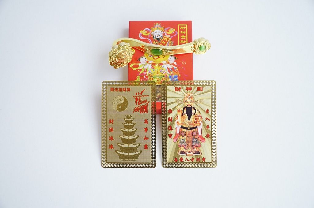 Bộ kim bài Thần Tài Phù vàng + Gạo vàng + Gậy như ý giàu có - Đã chú