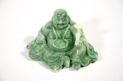 Tượng Phật Di Lặc ngồi đặt xe ô tô cẩm thạch xanh cầm gậy như ý - Cao 6cm rộng 11cm