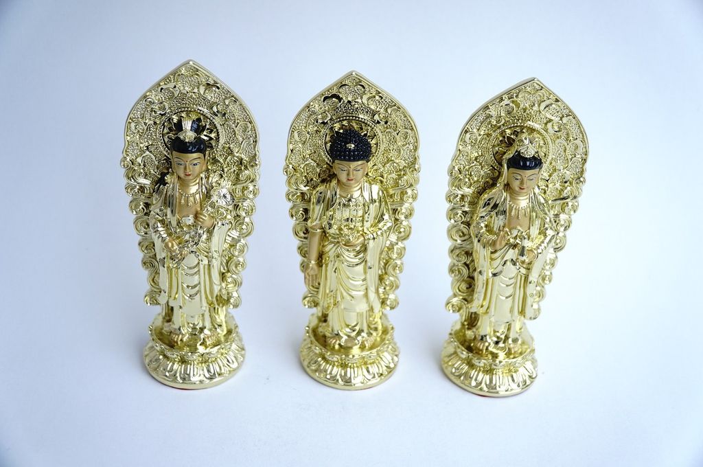 Bộ 3 Tượng Tam Thế Phật Tây Phương Tam Thánh đứng xi mạ vàng - Cao 18cm