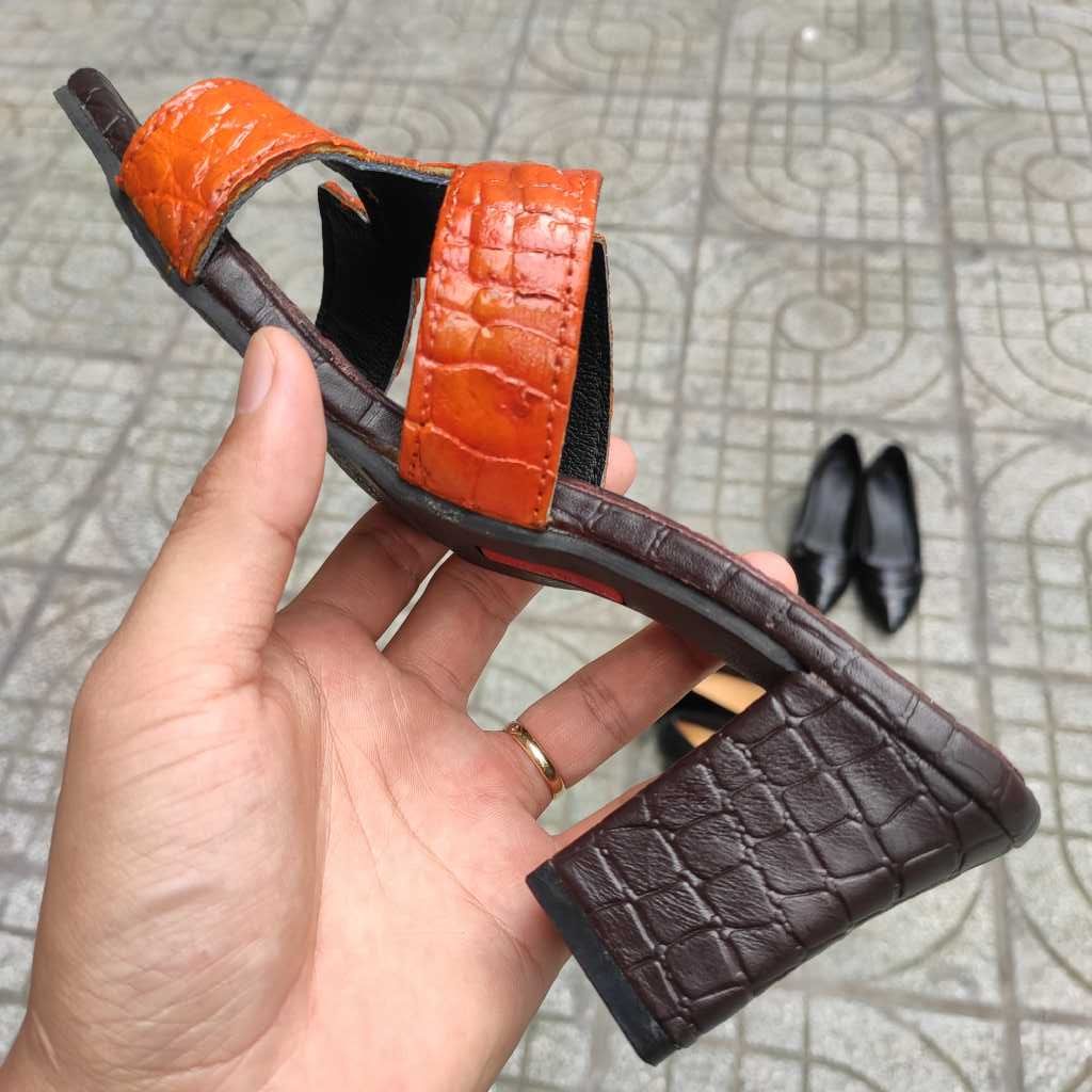 Dép cao gót Nữ. Da cá sấu trơn màu cam đẹp quyến rũ!