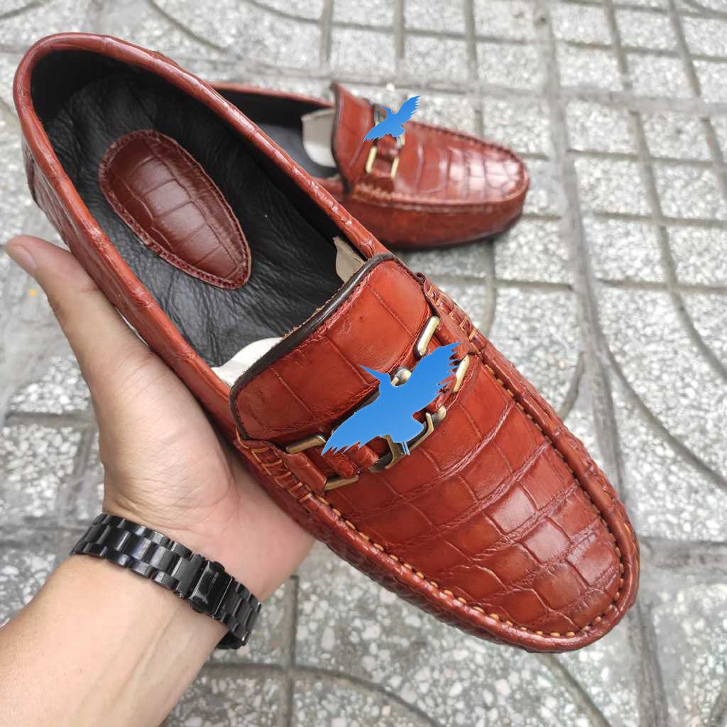 Giày lười Đế Da sang trọng. Da bụng cá sấu Nâu đỏ rất đẹp!