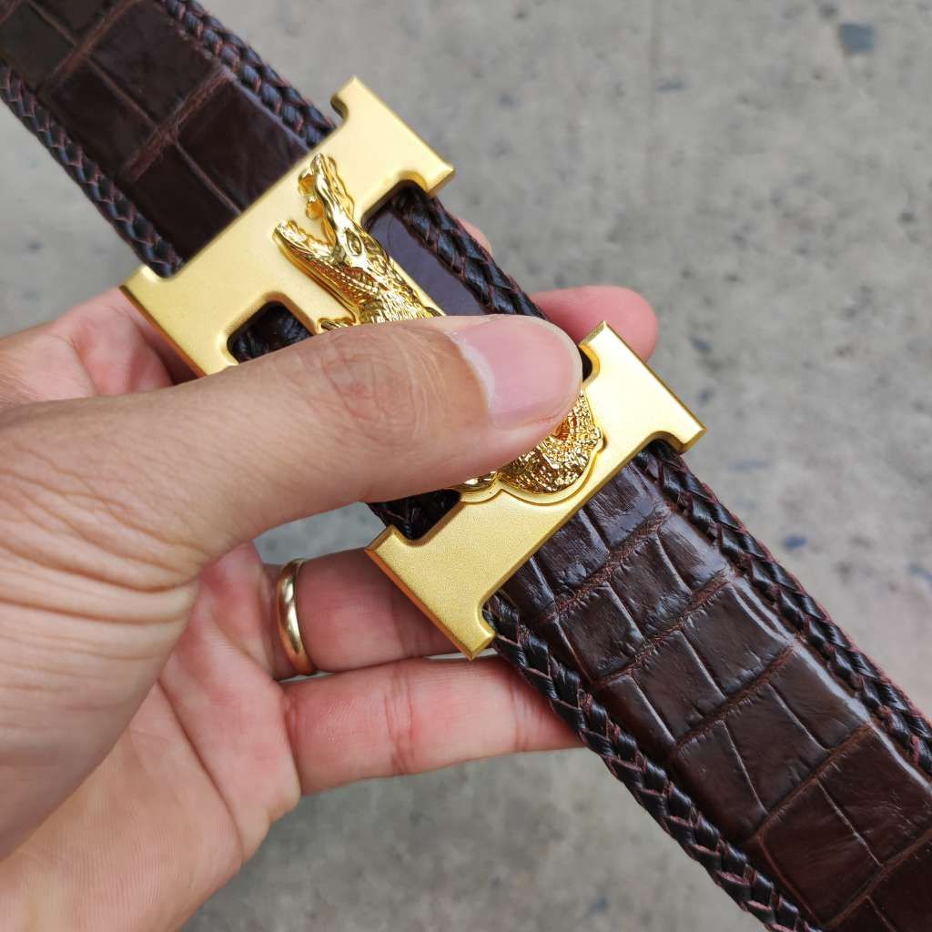Dây nịt da bụng cá sấu liền tấm 4cm [Đầu Khóa Chữ H Thép Không Gỉ Cao Cấp]