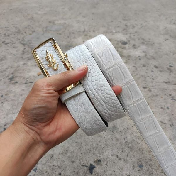 Thắt lưng da bụng cá sấu BẠCH TẠNG hàng hiếm. Dây liền (mặt vàng)