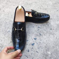 Giày lười Da bụng cá sấu Đen quí phái. Đế cao su êm ái!