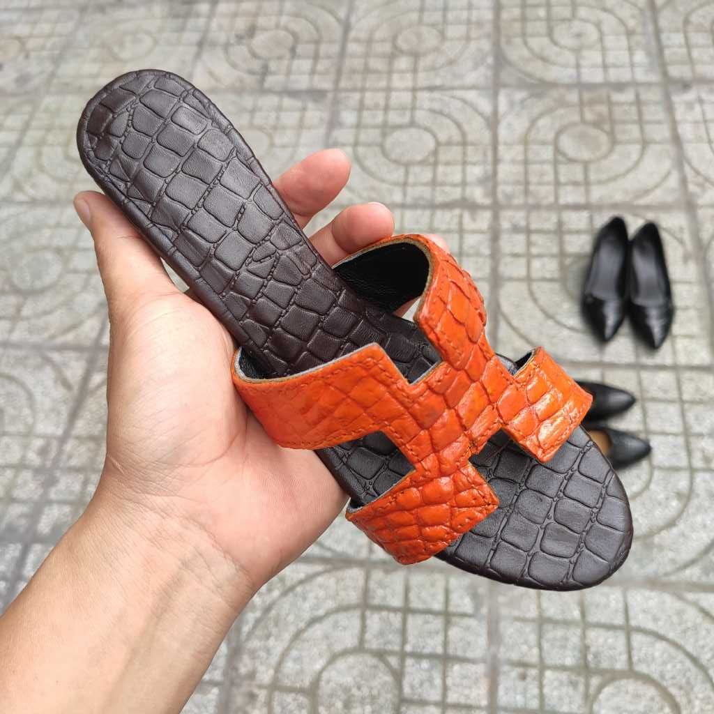 Dép cao gót Nữ. Da cá sấu trơn màu cam đẹp quyến rũ!