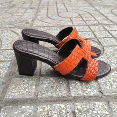 Dép cao gót Nữ. Da cá sấu trơn màu cam đẹp quyến rũ!