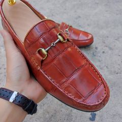 Giày lười Da bụng cá sấu Nâu đỏ. Đế cao su êm ái!