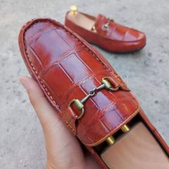Giày lười Da bụng cá sấu Nâu đỏ. Đế cao su êm ái!