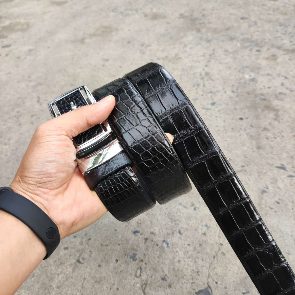 Dây lưng da cá sấu BẢN LỚN phù hợp bụng bia. Da bụng có vân đẹp linh hoạt! (mặt bạc)