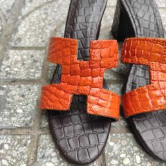 Dép cao gót Nữ. Da cá sấu trơn màu cam đẹp quyến rũ!