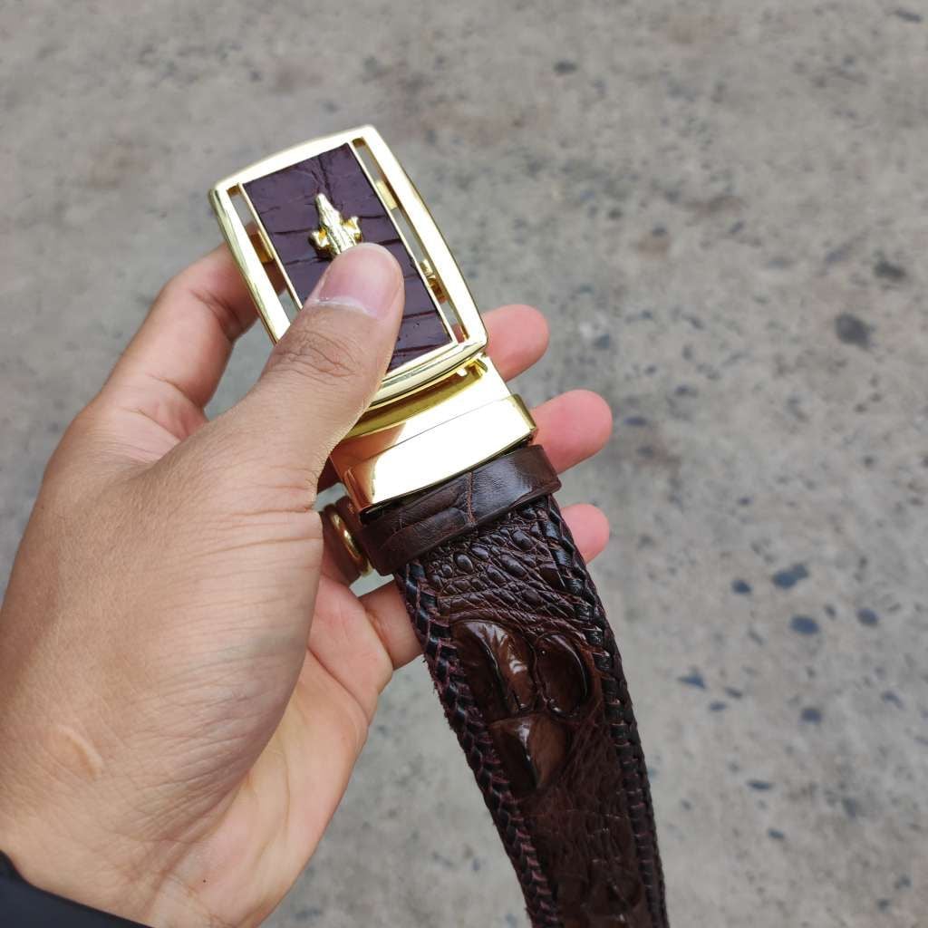 Thắt lưng da cá sấu nam [PHIÊN BẢN DÂY LIỀN 4.0 CAO CẤP] đan viền thủ công rất đẹp! N53N_V (mặt vàng)