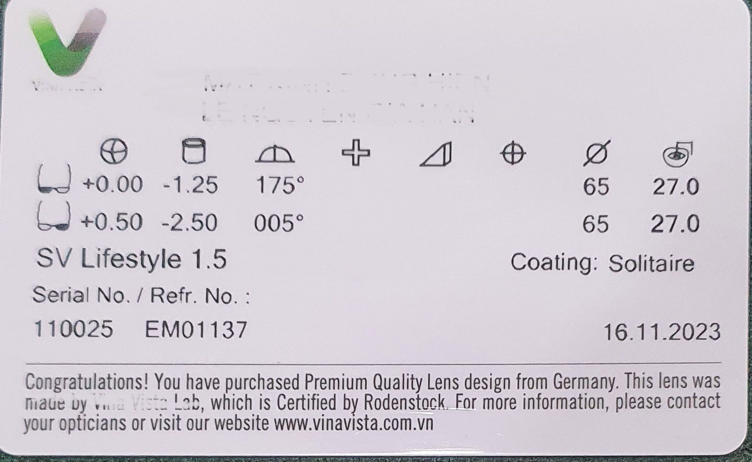  RODENSTOCK LAB - đơn tròng single vision SV LIFESTYLE- ( lớp phủ Solitaire coating) 