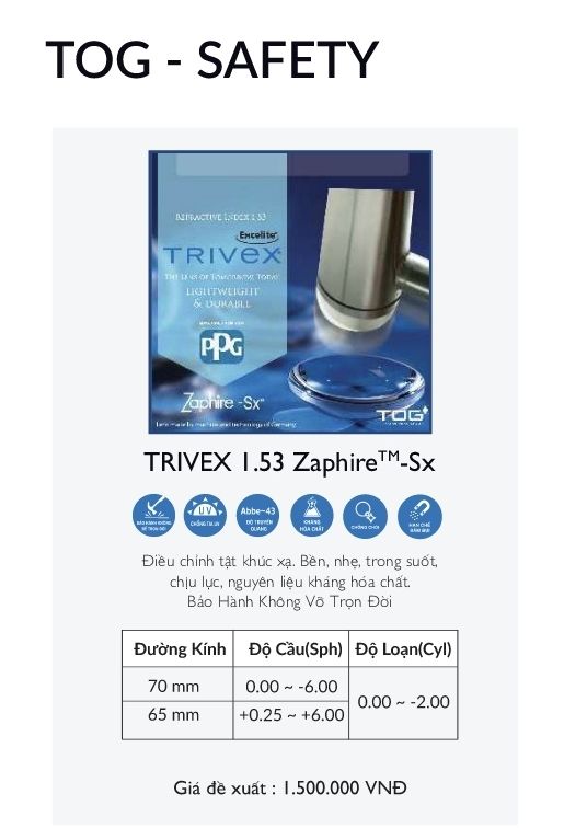  TOG 1.53 Trivex Zaphire-SX (tròng không bể_unbreak lenses) - đơn tròng single visions lens 