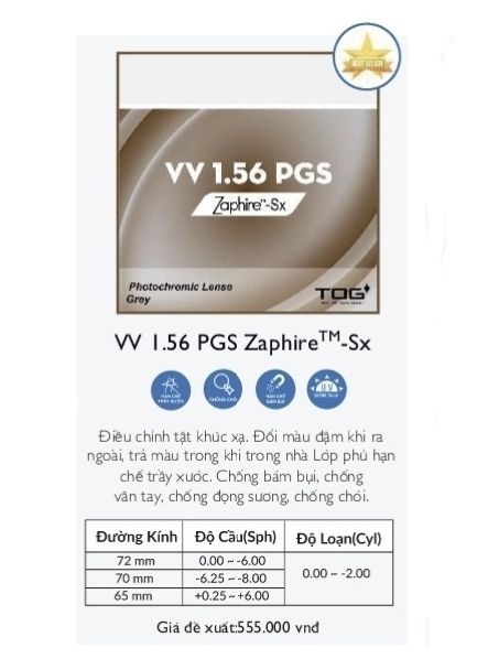  Tròng kính đổi màu khói TOG _  Grey Transition Lenses 1.56 PGS Zaphire-sx-- đơn tròng single visions lens 