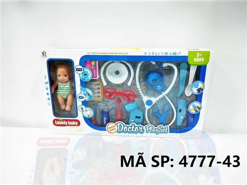  4777-43 HỘP BÁC SĨ XANH TAI NGHE, MẮT KIẾNG, KÉO, KIM TIÊM, THUỐC, NHIỆT KẾ + 1C BÉ Doctor 
