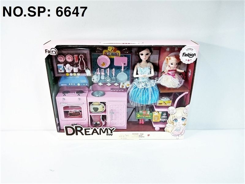  6647 HỘP BABY 2C (1C LỚN KHỚP MẮT THỦY TINH, 1C NHÍ) + NHÀ BẾP+ XE ĐẨY BÁNH KEM DREAMY BAY 