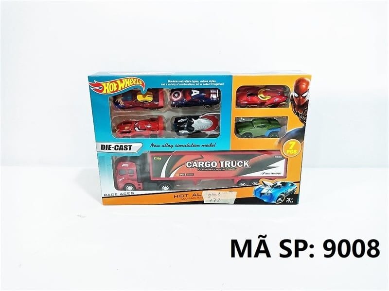  9008 HỘP XE SẮT TRỚN 7C (1C CONTAINER DÀI + 6C ĐUA AVENGERS) Hotwheels 
