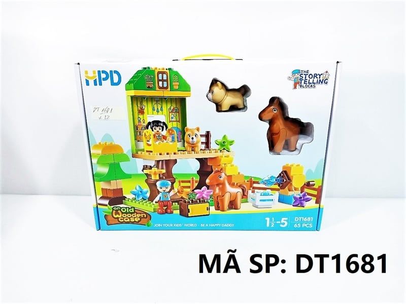  DT1681 HỘP LOGO RÁP NHÀ + THÚ (NGỰA, CHÓ) + 2 NGƯỜI 65 MIẾNG Wold Wooden Case 