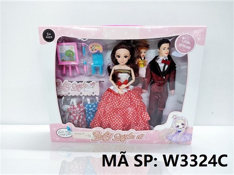  W3324C HỘP BABY GIA ĐÌNH 3C (1C KHỚP, MẮT THỦY TINH) 3 ÁO, GHẾ, TRANH VẼ Baby Quyến Rũ 