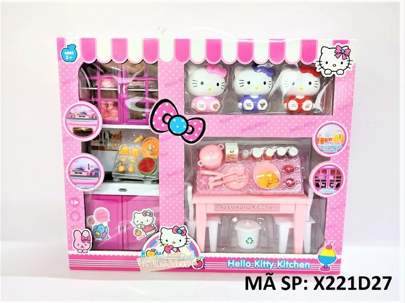  X221D27 HỘP NHÀ BẾP PIN BỒN RỬA CHÉN + TỦ BẾP + BÀN GHẾ THỨC ĂN + 3C MÈO KITTY (Hello Kitty Kitchen) 