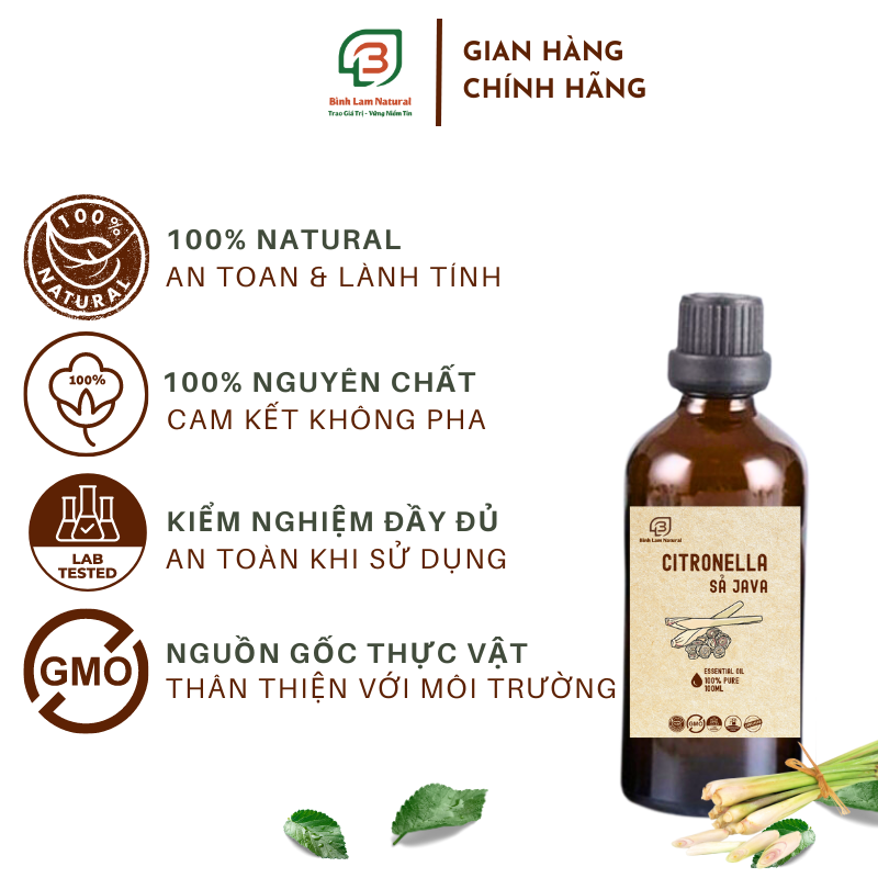  Tinh dầu sả java nguyên chất thơm phòng, khử mùi, kháng khuẩn, đuổi muỗi Bình Lam Natural 100ml 