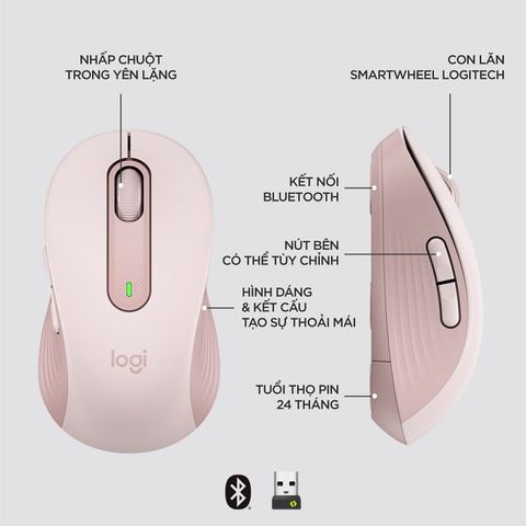  Chuột không dây bluetooth Logitech Signature M650 cuộn SmartWheel, giảm ồn, các nút có thể tùy chỉnh - Hàng chính hãng 