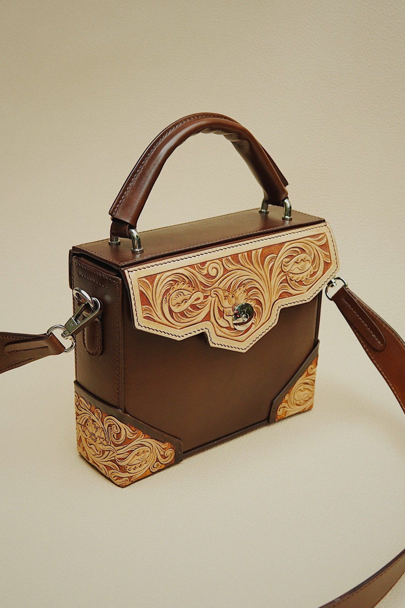 Box Bag (Flap and Bottom Hand Carved)