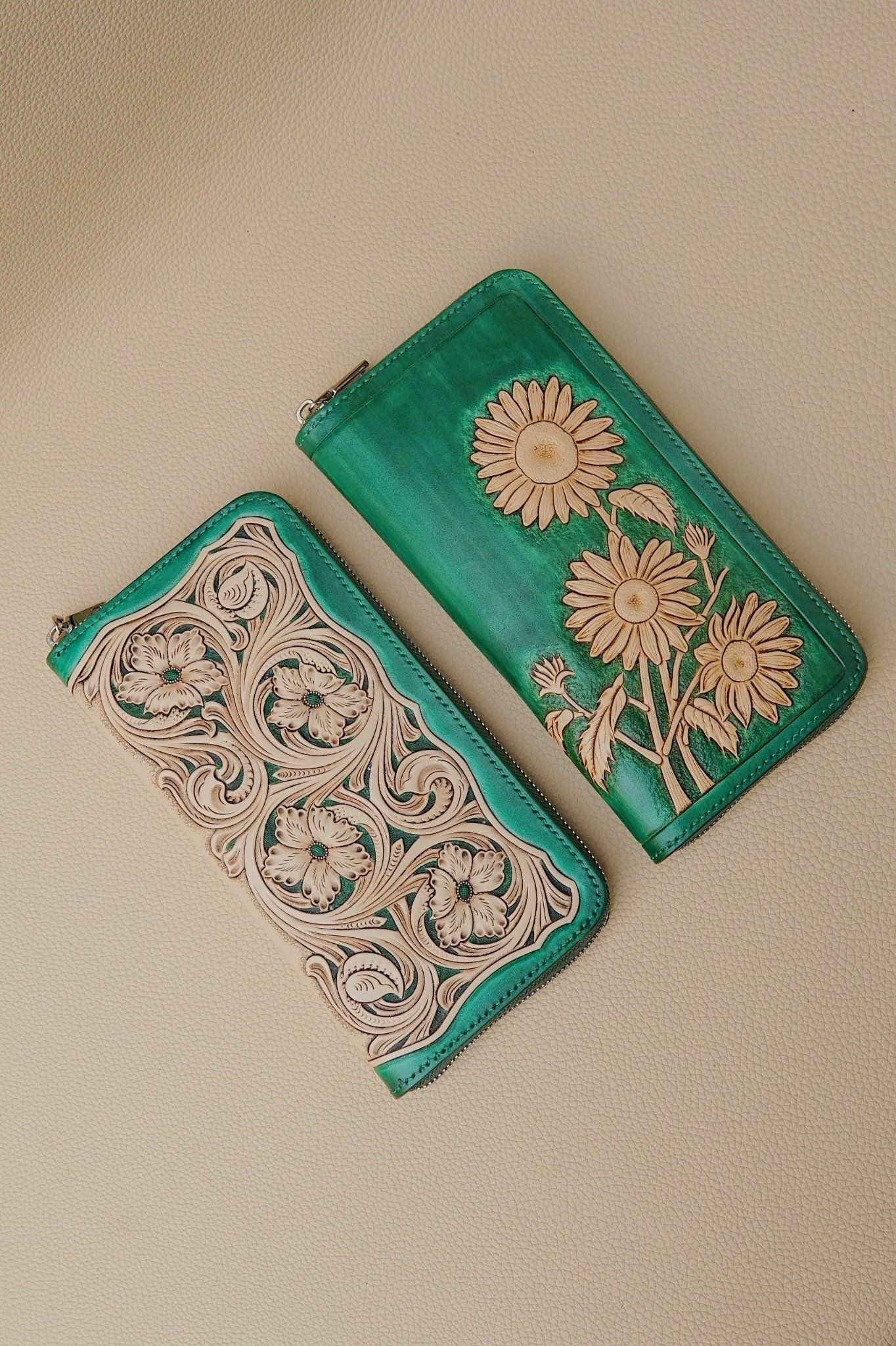 Hand Carved Accordion Zipper Wallet