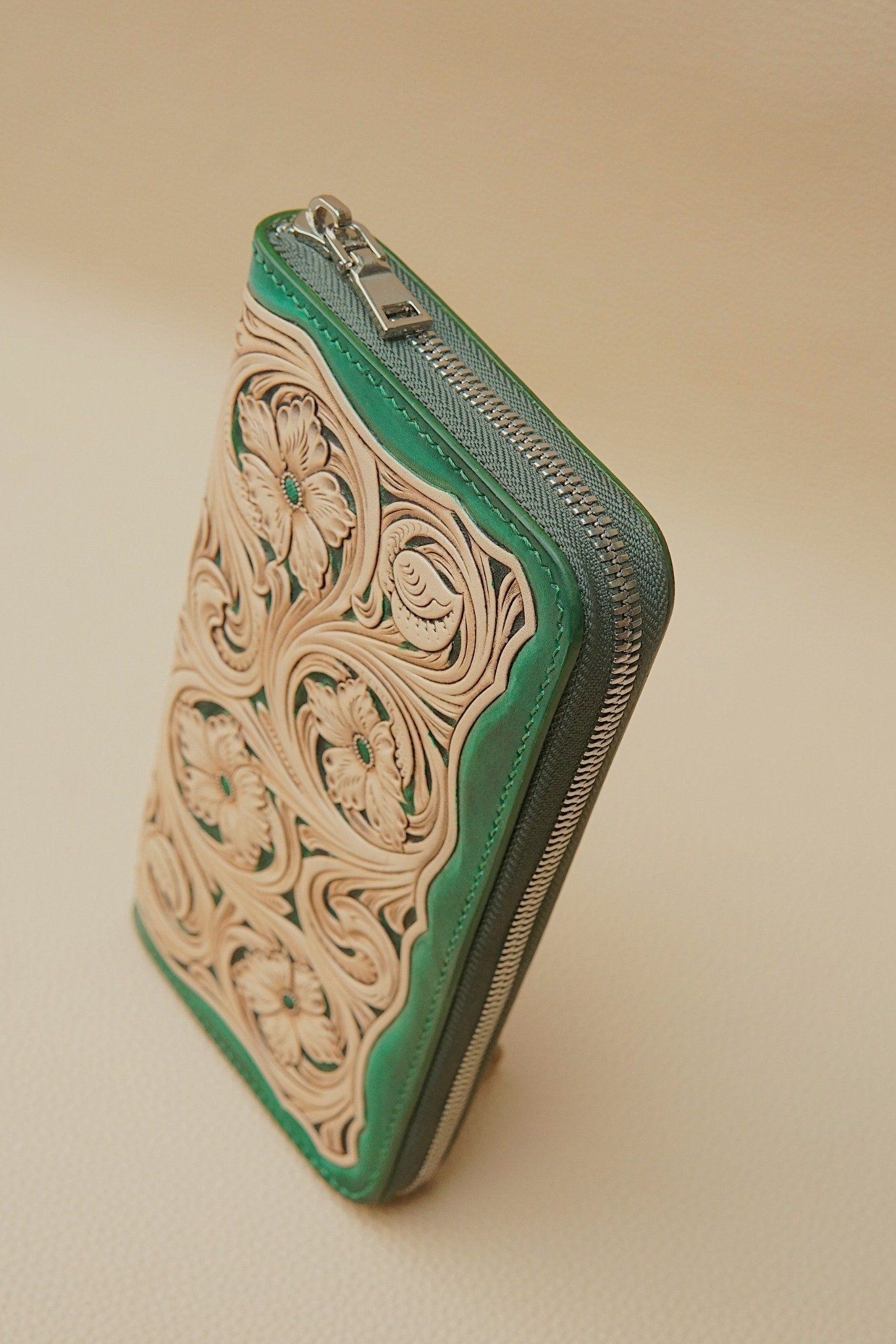 Hand Carved Accordion Zipper Wallet