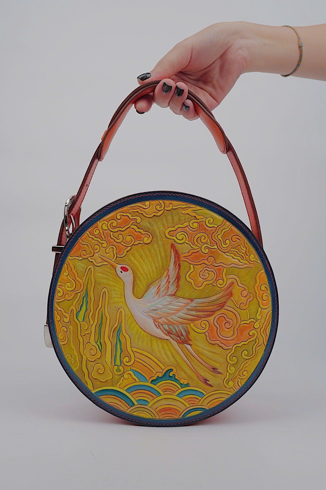 Crane Bird (Hand Carved Round Bag)