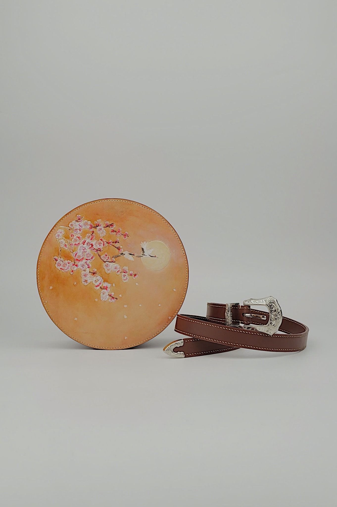 Crane Bird And Blossom (Hand Carved Round Bag)
