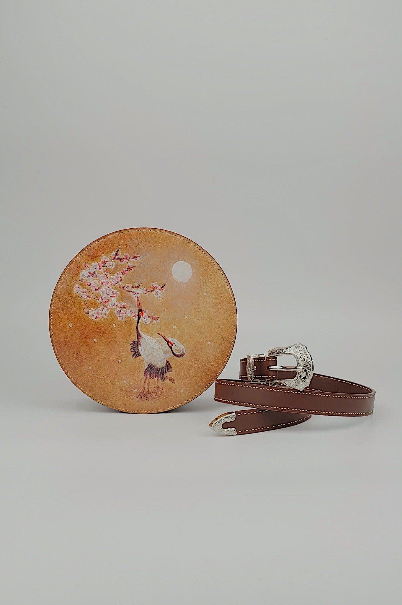 Crane Bird And Blossom (Hand Carved Round Bag)