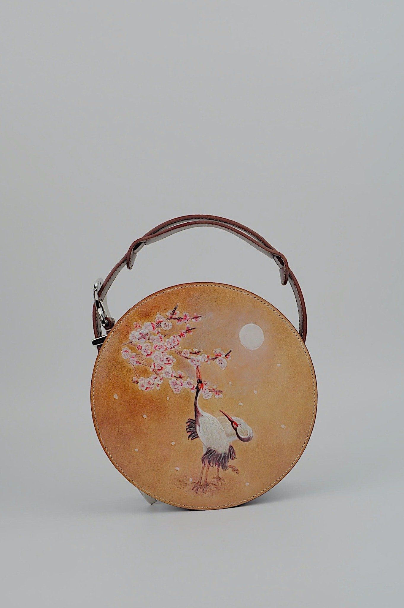 Crane Bird And Blossom (Hand Carved Round Bag)
