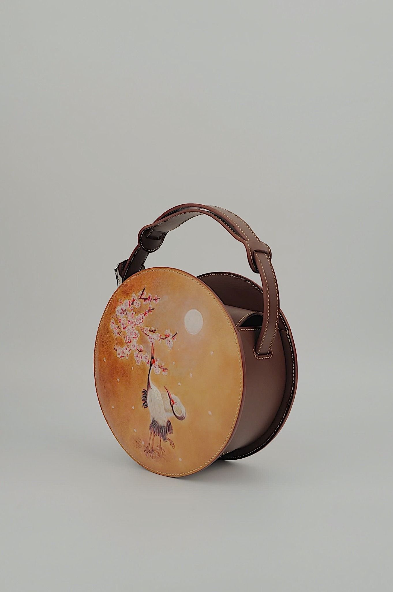 Crane Bird And Blossom (Hand Carved Round Bag)