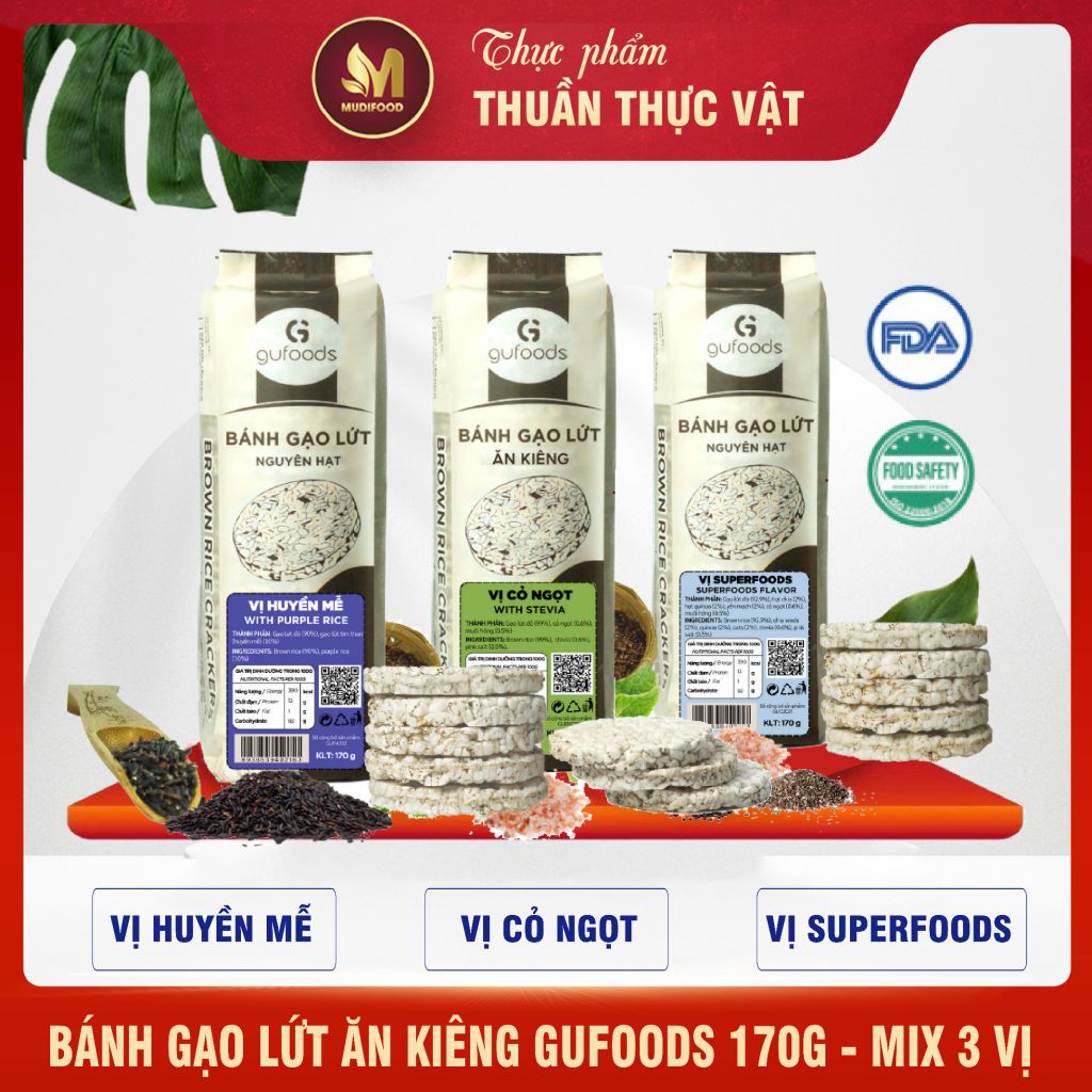 Combo Mix Các Vị Huyền Mễ, Cỏ Ngọt, Superfoods, Muối Hồng, Nguyên Bản - Bánh Gạo Lứt Ăn Kiêng GUfoods 170g - Thực Phẩm Bổ Sung Dinh Dưỡng Cho Người Tiểu Đường, Người Ăn Chay, Ăn Kiêng, Giảm Cân, Tập Gym, Hàm Lượng Chất Xơ Cao (Bánh, Snack, Hạt Và Trà)