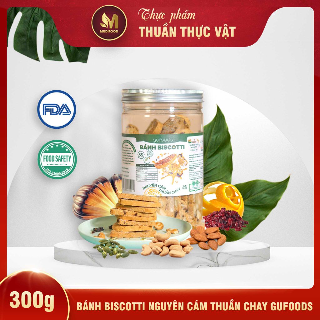 Bánh Biscotti Nguyên Cám Thuần Chay GUfoods 300g - Thực Phẩm Bổ Sung Dinh Dưỡng Cho Mẹ Bầu, Sau Sinh, Người Ăn Chay, Ăn Kiêng, Giảm Cân, Eat Clean, Hàm Lượng Giàu Protein Và Chất Xơ (Bánh Và Snack Healthy)