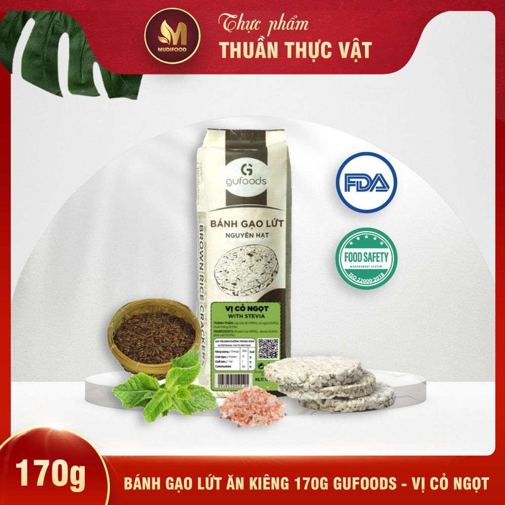 [Vị Cỏ Ngọt] - Bánh Gạo Lứt Ăn Kiêng GUfoods 170g  - Thực Phẩm Bổ Sung Dinh Dưỡng Cho Người Tiểu Đường, Người Ăn Chay, Ăn Kiêng, Giảm Cân, Tập Gym, Eat Clean, Hàm Lượng Chất Xơ Cao (Bánh Và Snack Healthy)