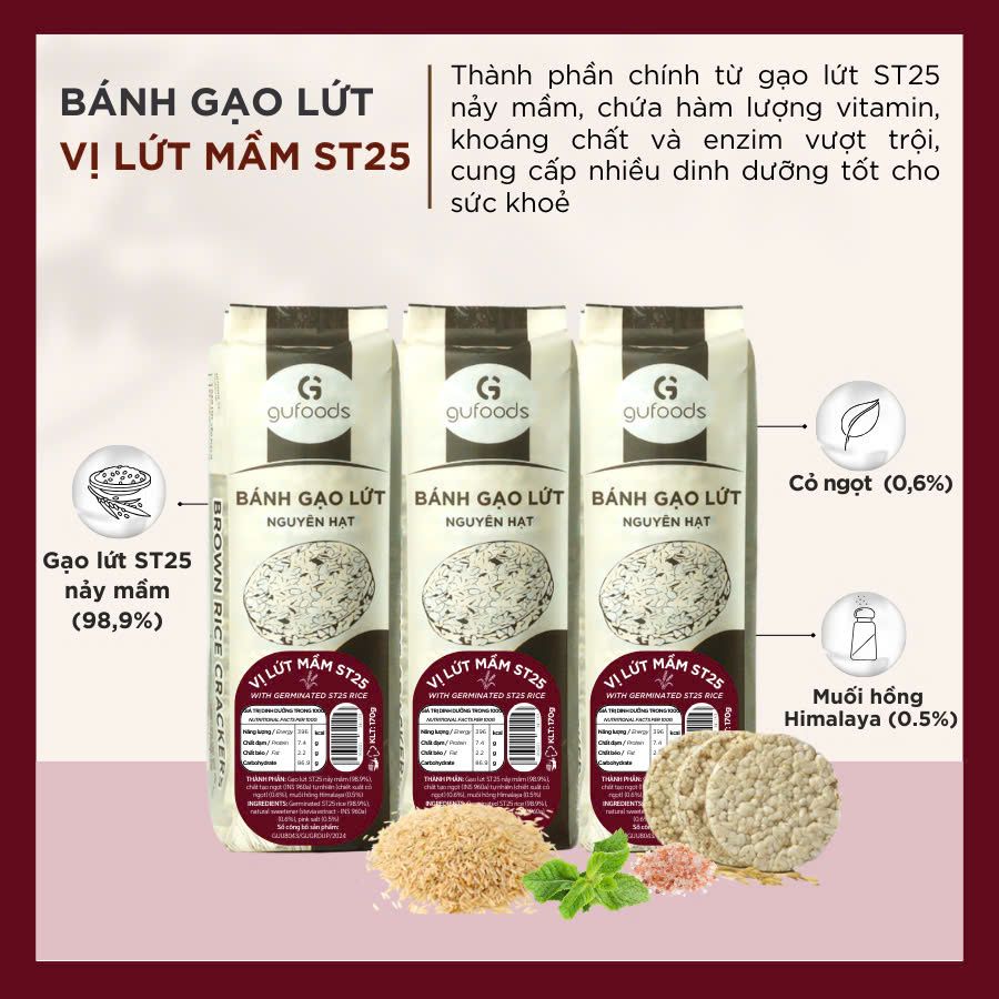 Combo 3 Gói Bánh Gạo Lứt Vị Lứt Mầm ST25 (Mỗi Gói 170g) - Thực Phẩm Bổ Sung Dinh Dưỡng Cho Người Tiểu Đường, Người Ăn Chay, Ăn Kiêng, Giảm Cân, Tập Gym, Eat Clean, Hàm Lượng Chất Xơ Cao (Bánh Và Snack Healthy)